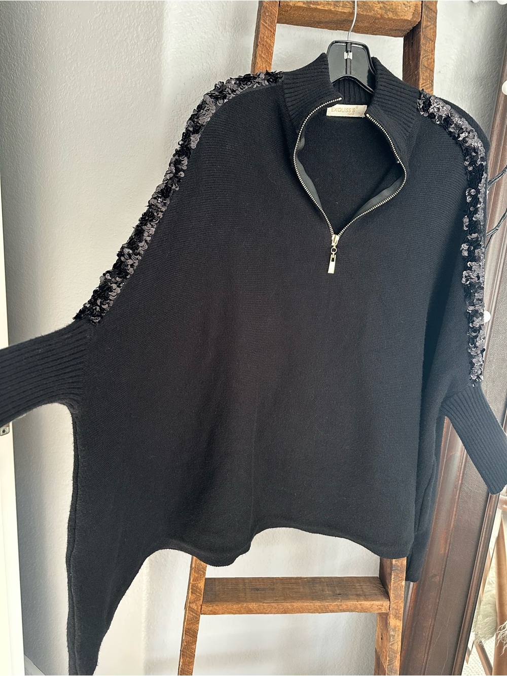 Exquisse’s Paris Black Sequin-Trim Half-Zip Sweater, OSFA - Picture 5 of 17
